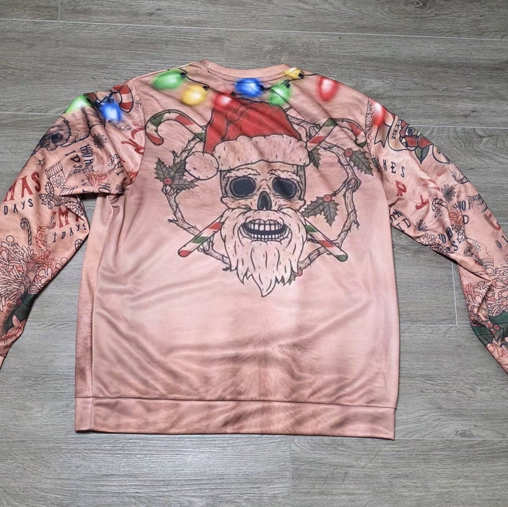 XMas Life Ugly Christmas Sweater Mens Size M Tattoos Faux Hairy Chest - Picture 2 of 7